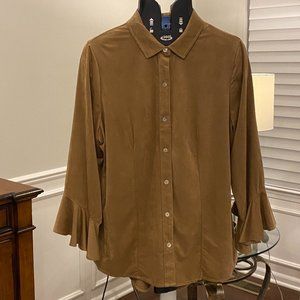 Liverpool Ruffle Cuff Faux Suede Shirt, Size L, Tan/Brown